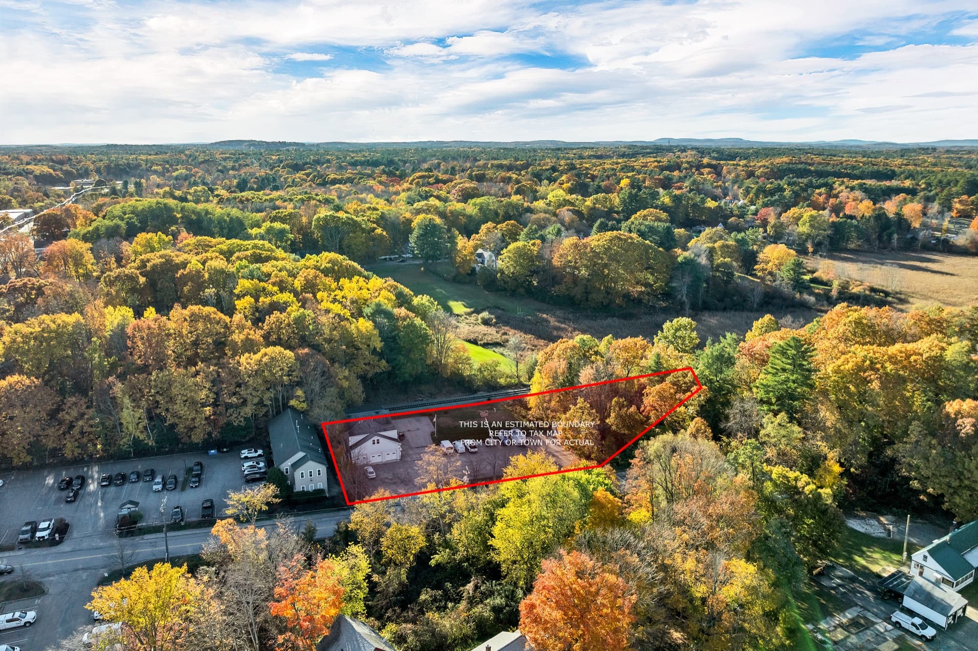 The parcel outlined from the air, labeled as an estimated boundary by the photographer