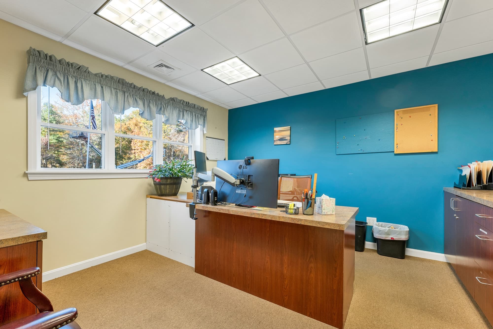 An office with a teal accent wall, a window, and an L-shaped desk